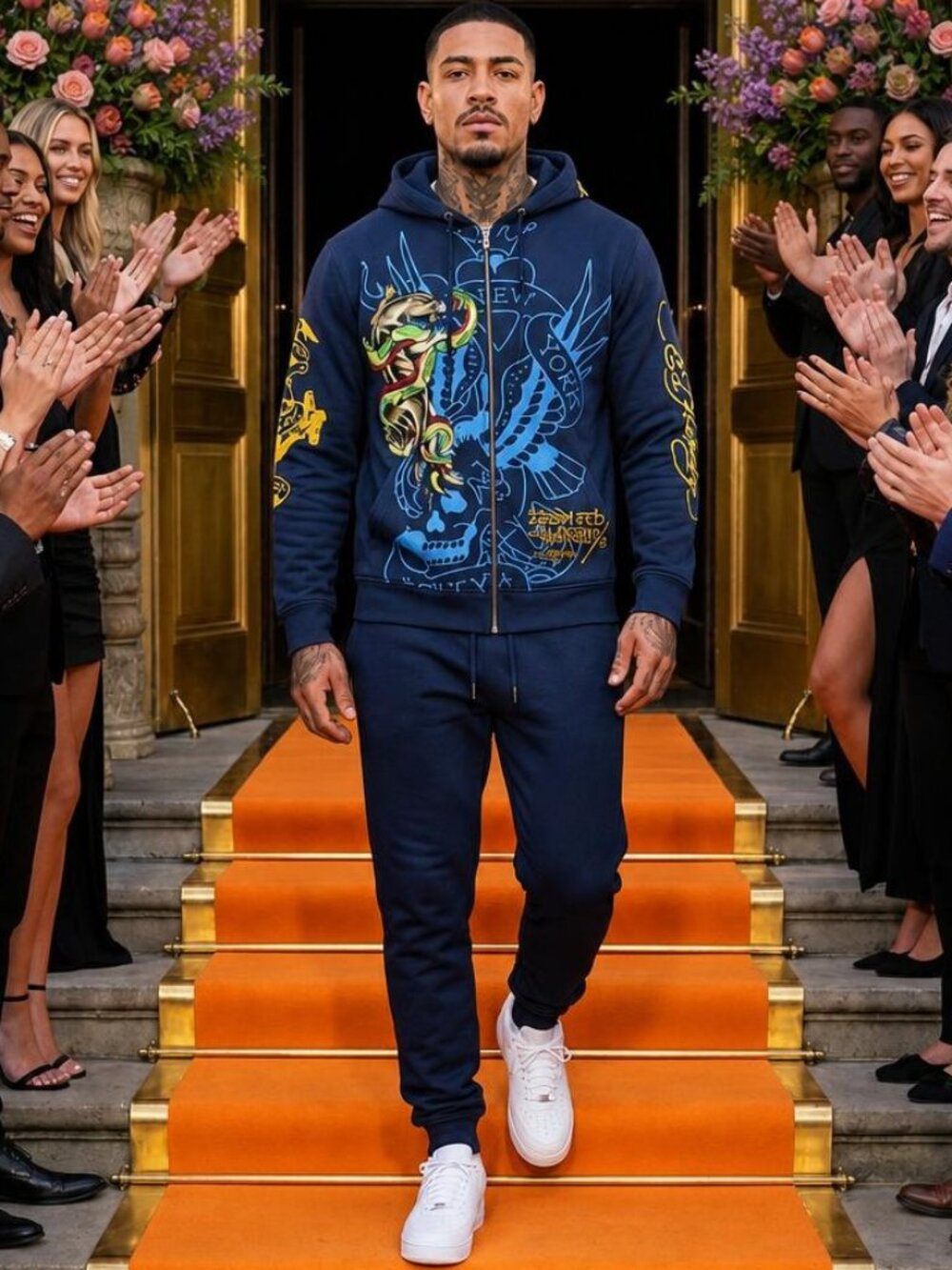 Ed Hardy Mens Panther Bulldog Full Zip Hoodie XL Midnight Tattoo Graphic EHM1301
